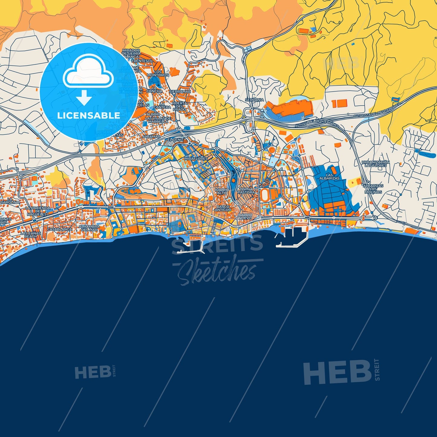 Colorful Marbella Street Map with Labels and Buildings