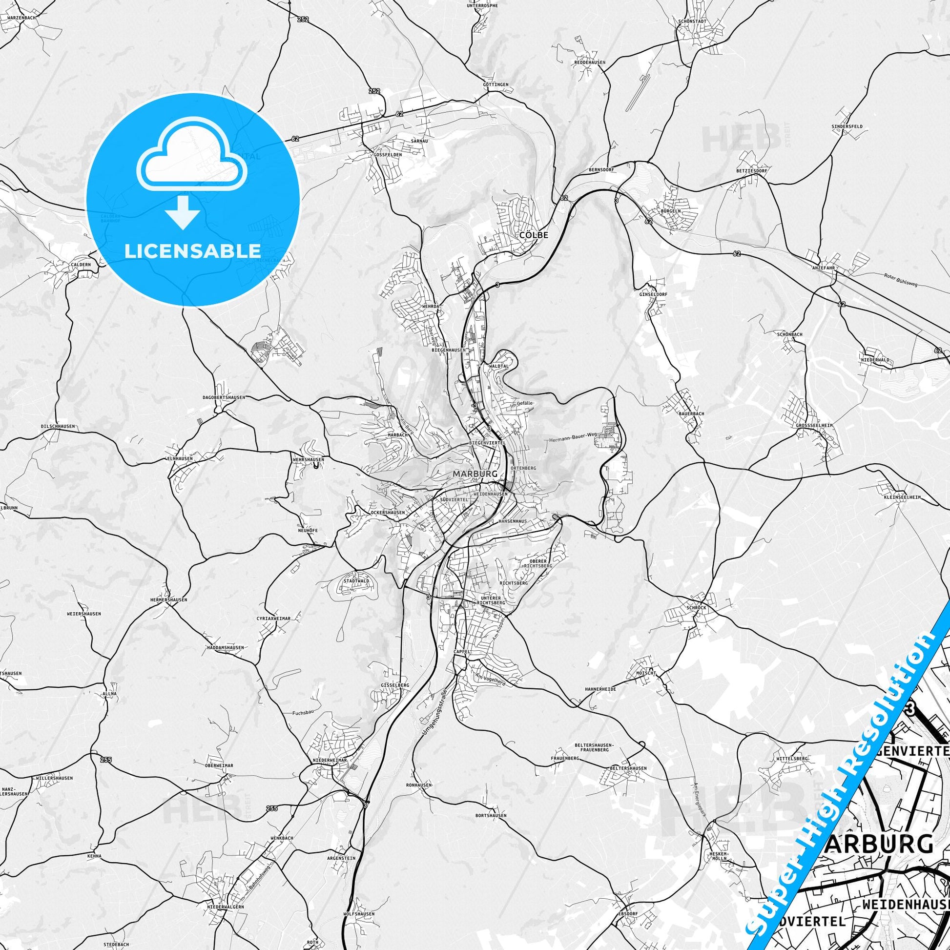 Marburg, Germany light map with streetnames, citynames and districts