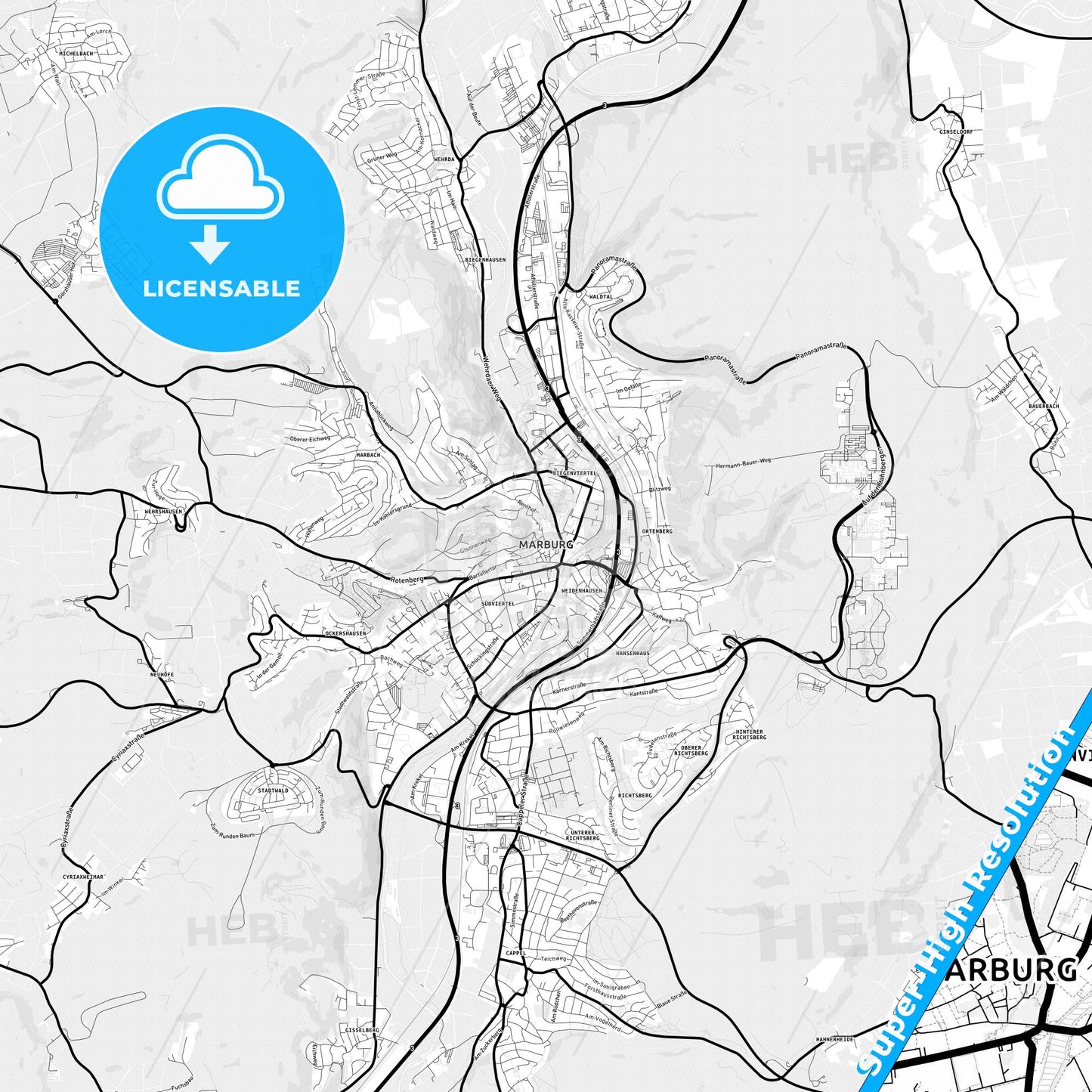 Marburg, Germany Light Map with Street Names, City Names, and Districts