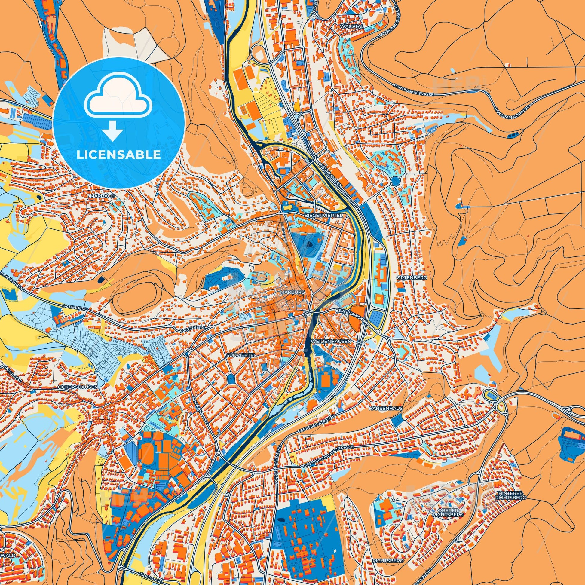 Colorful Marburg Street Map with Labels and Buildings