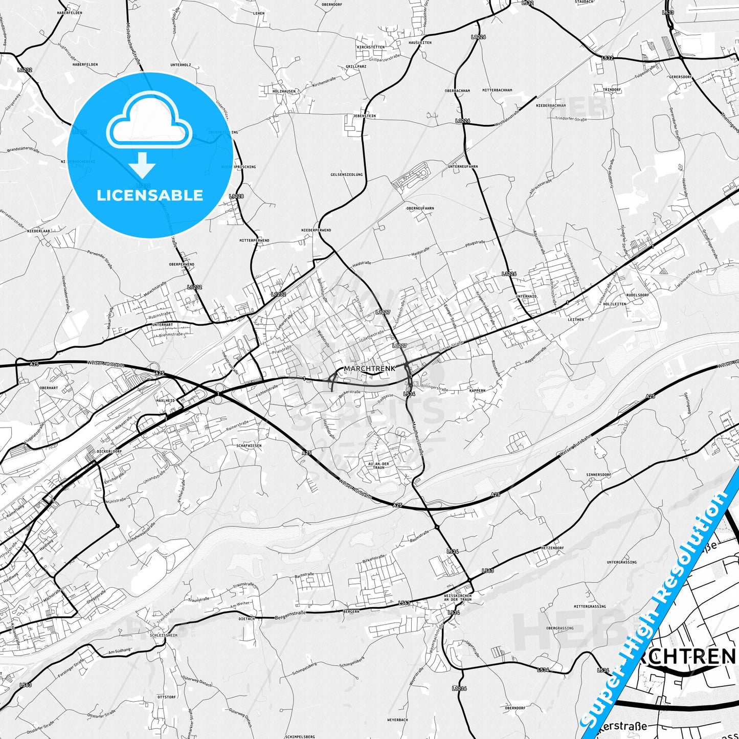 Marchtrenk, Austria Light Map with Street Names, City Names, and Districts