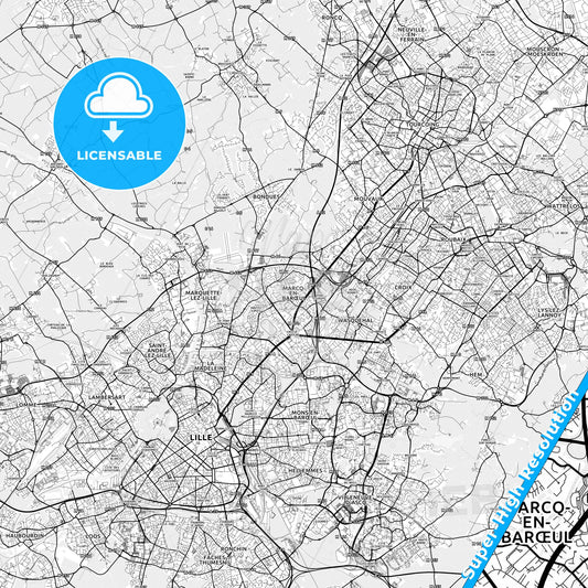 Marcq-en-Barœul, France light map with streetnames, citynames and districts