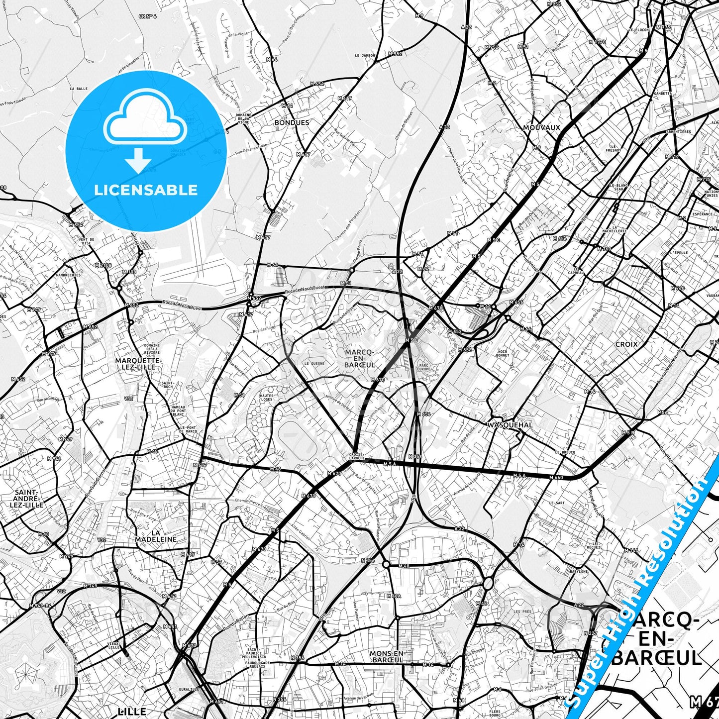 Marcq-en-Barœul, France Light Map with Street Names, City Names, and Districts