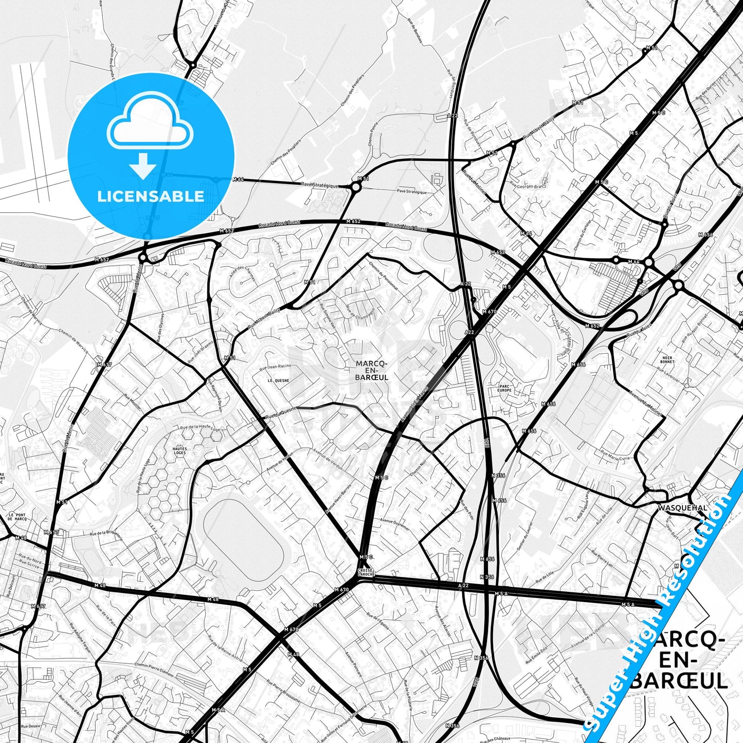 Marcq-en-Barœul, France Light Map with Street Names, City Names, and Districts