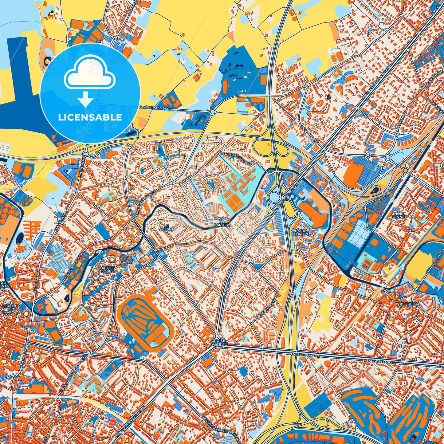 Colorful Marcq-en-Barœul Street Map with Labels and Buildings