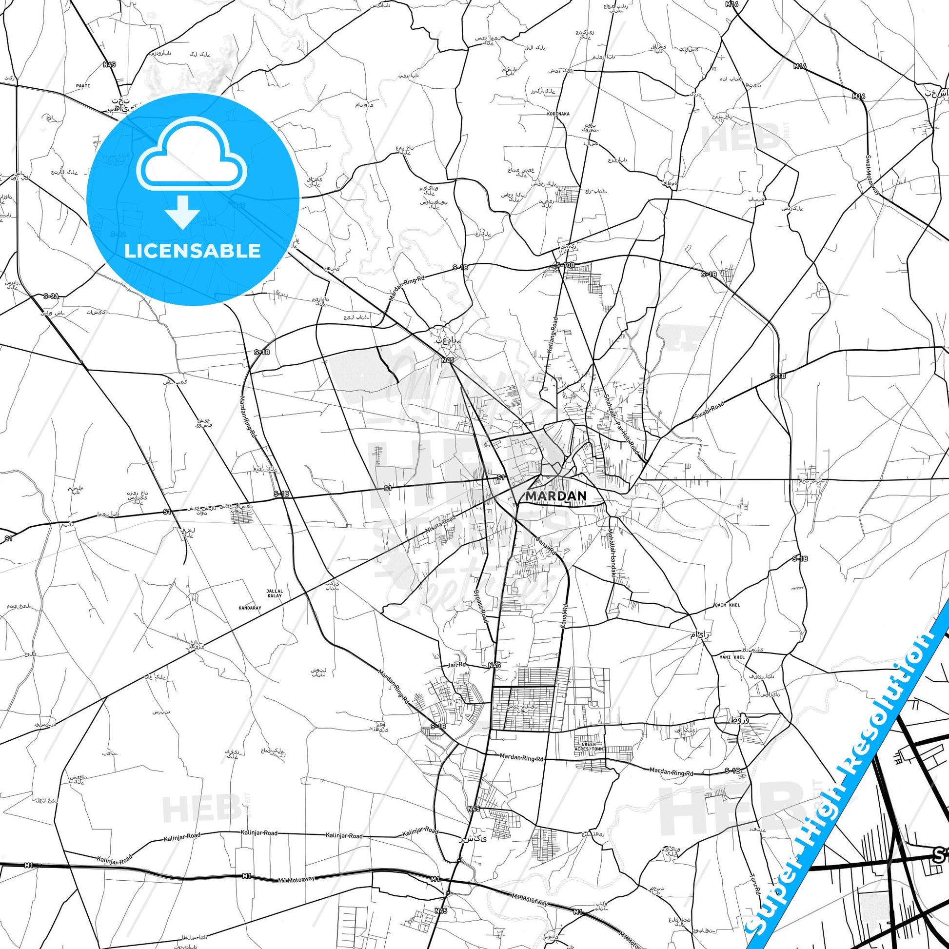 Mardan, Pakistan light map with streetnames, citynames and districts