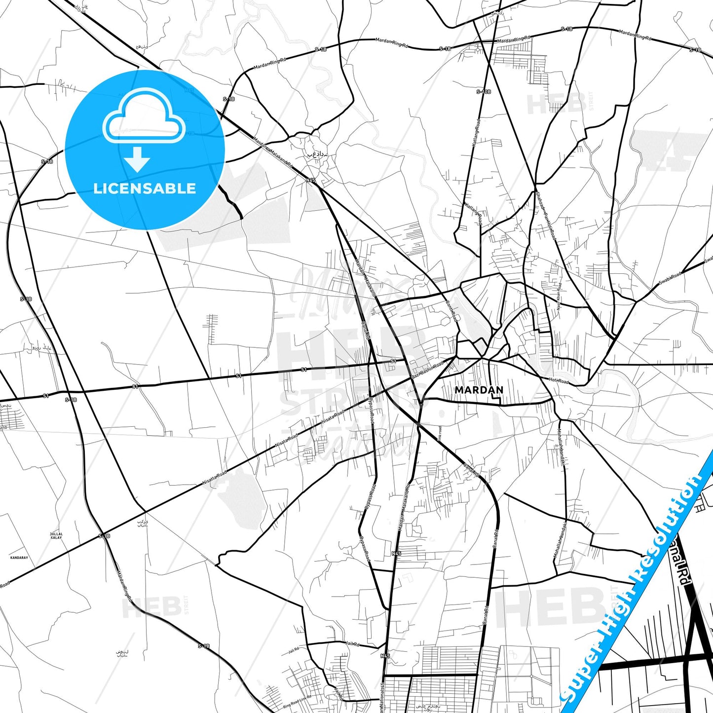 Mardan, Pakistan Light Map with Street Names, City Names, and Districts