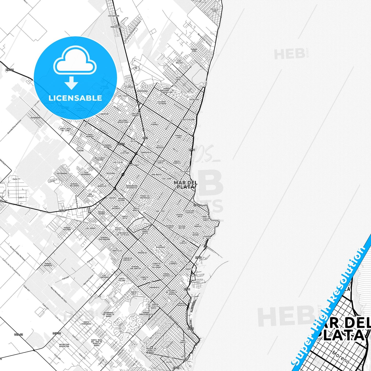 Mar del Plata, Argentina light map with streetnames, citynames and districts