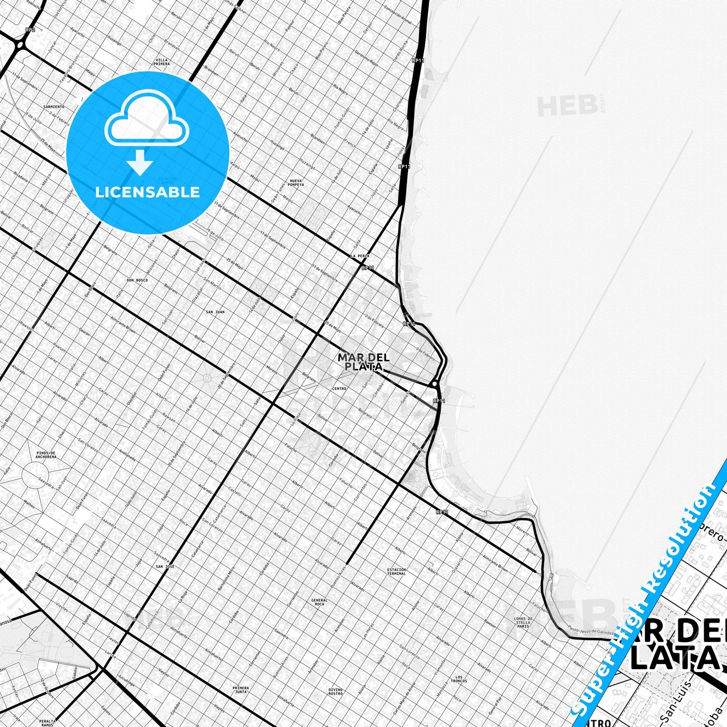 Mar del Plata, Argentina Light Map with Street Names, City Names, and Districts