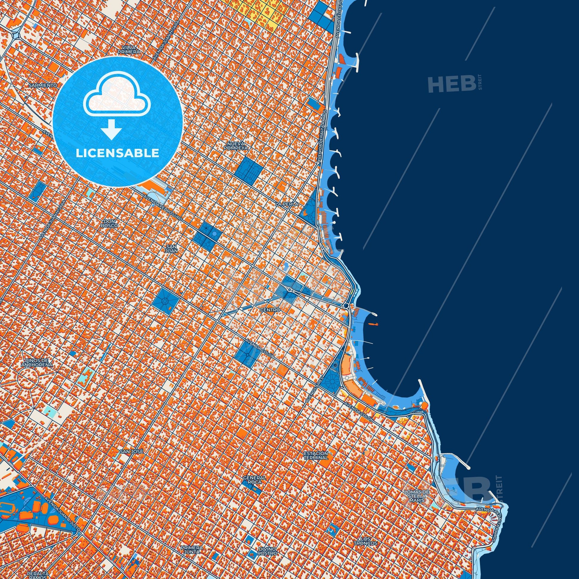 Colorful Mar del Plata Street Map with Labels and Buildings