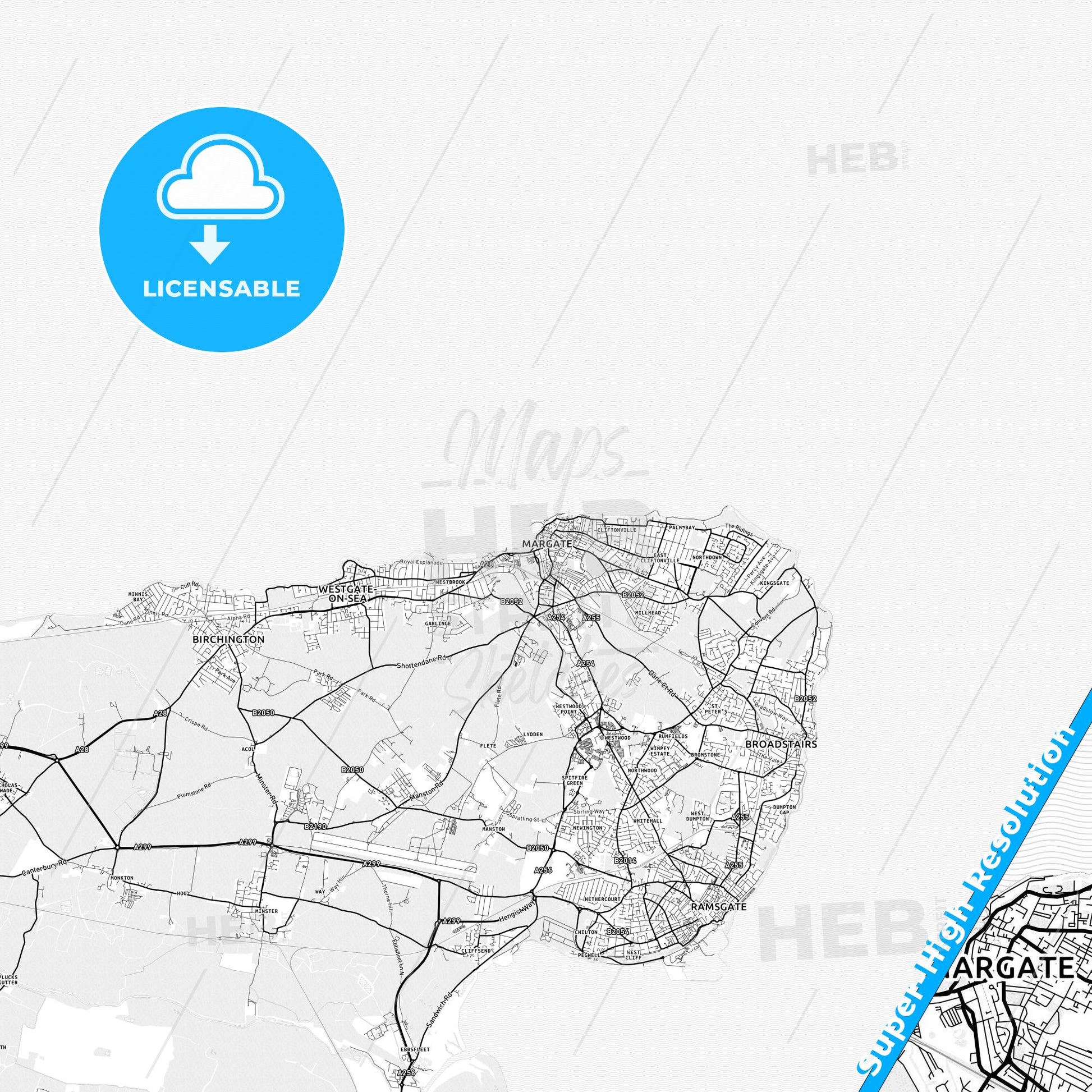Margate, England light map with streetnames, citynames and districts
