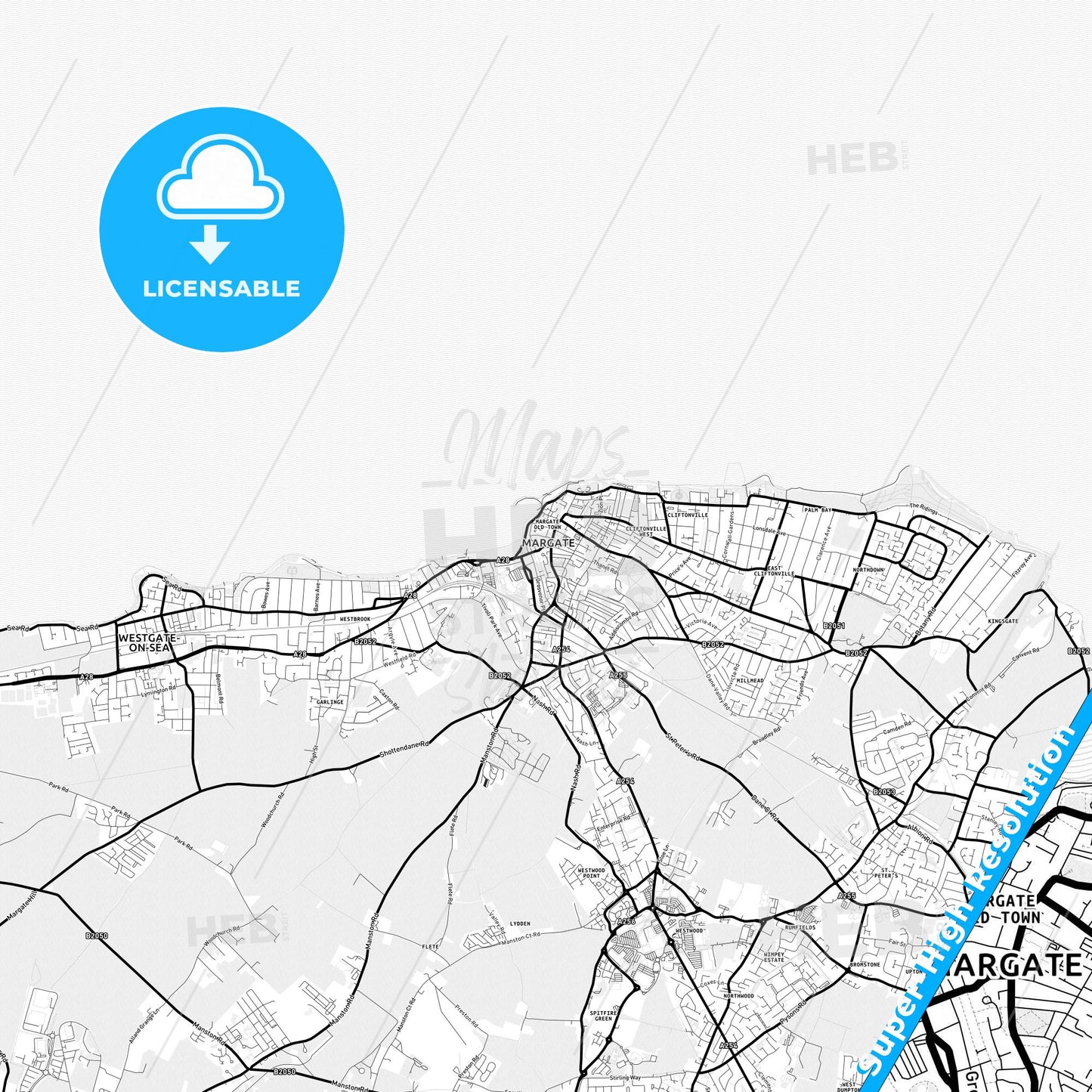 Margate, England Light Map with Street Names, City Names, and Districts