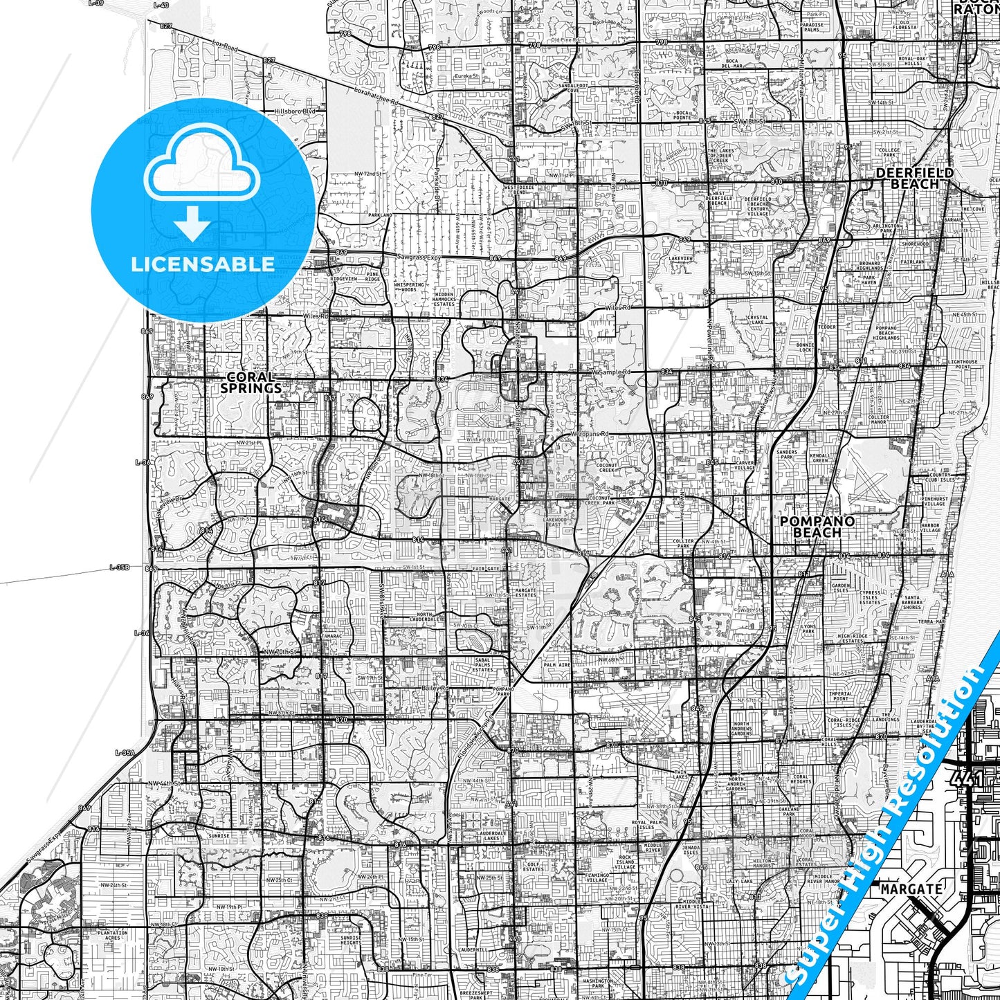 Margate, Florida light map with streetnames, citynames and districts