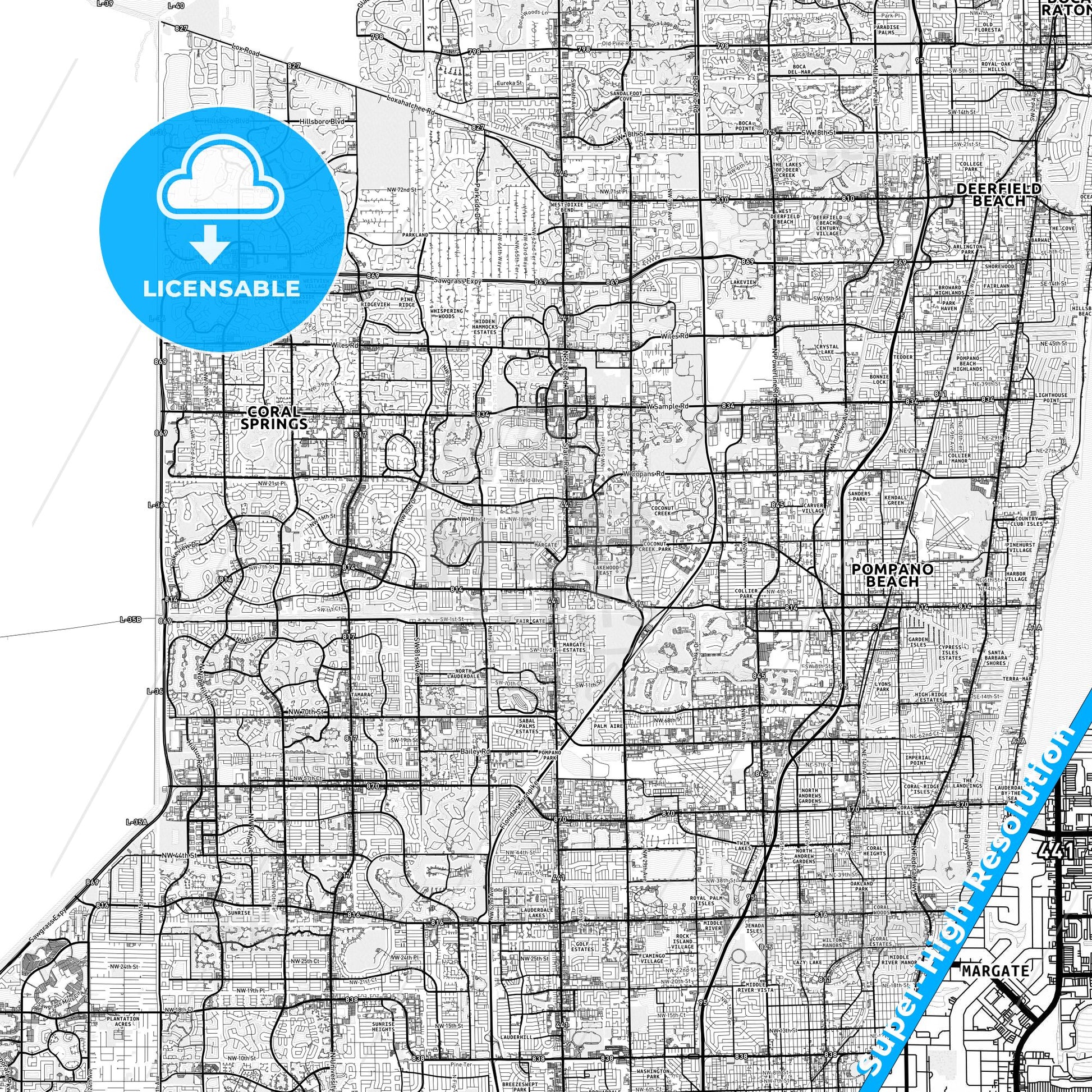Margate, Florida light map with streetnames, citynames and districts