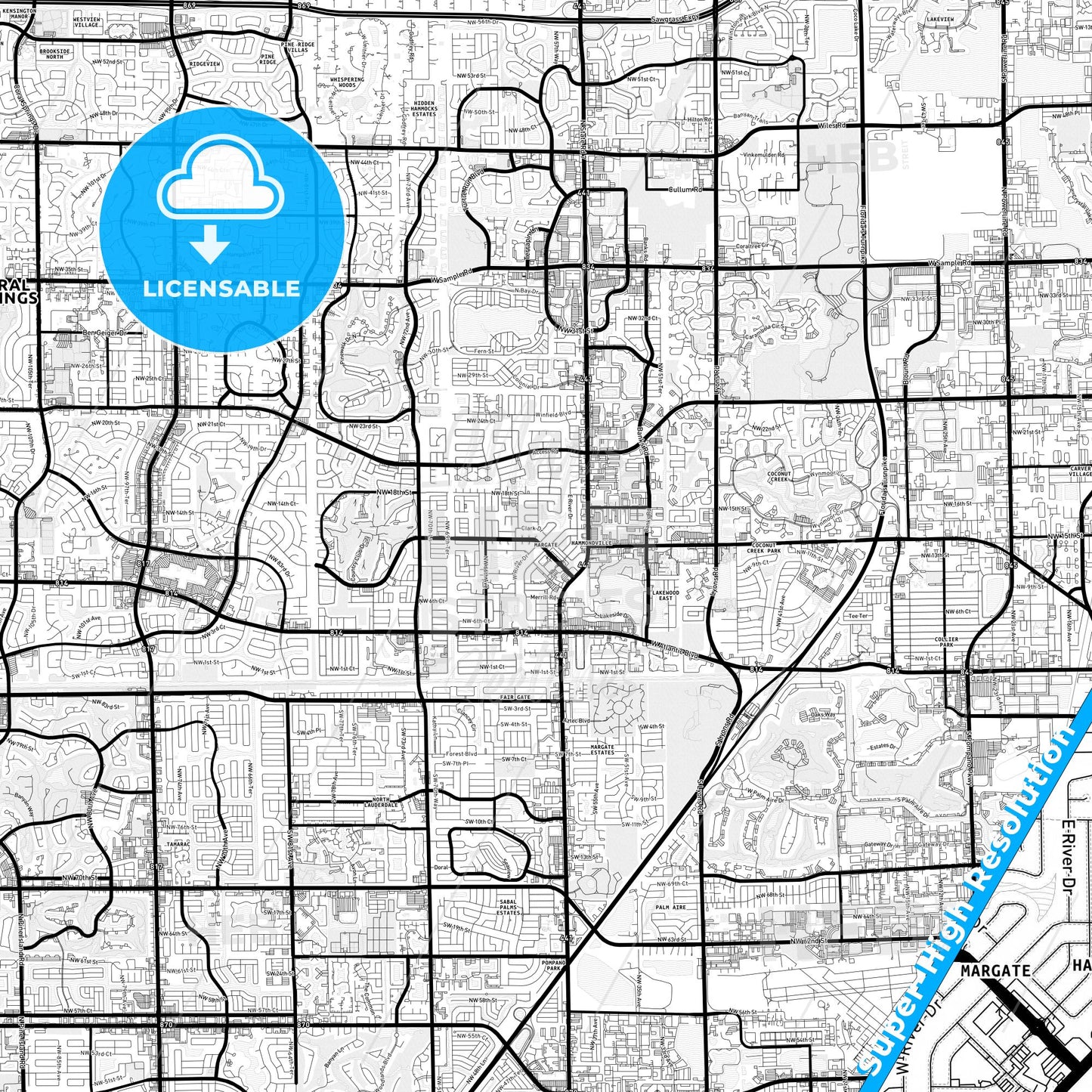 Margate, Florida Light Map with Street Names, City Names, and Districts