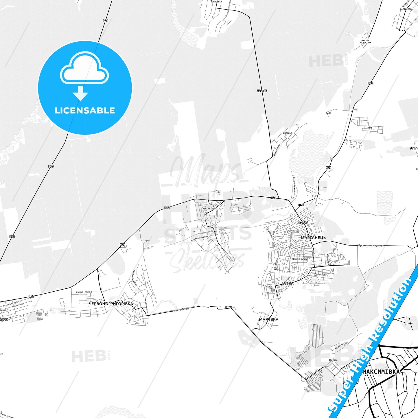 Marhanets, Ukraine light map with streetnames, citynames and districts