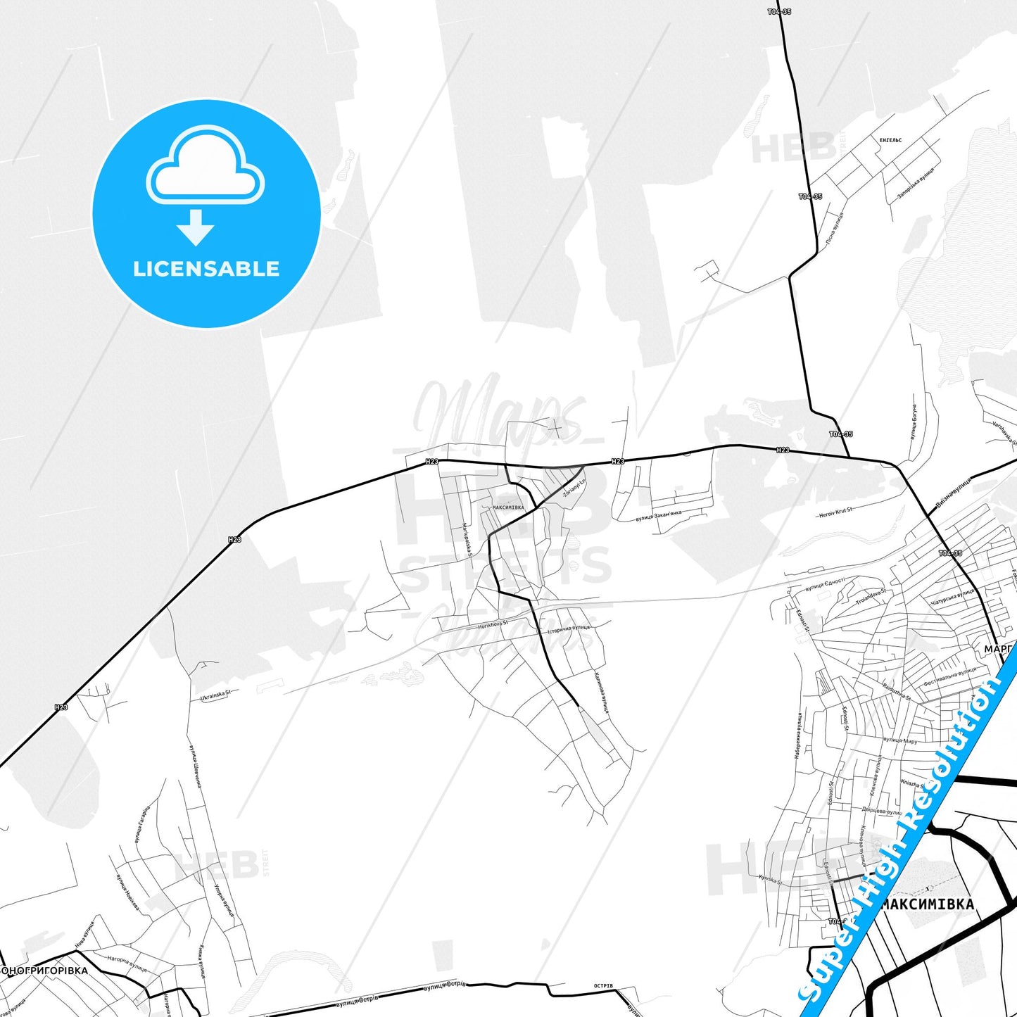 Marhanets, Ukraine Light Map with Street Names, City Names, and Districts
