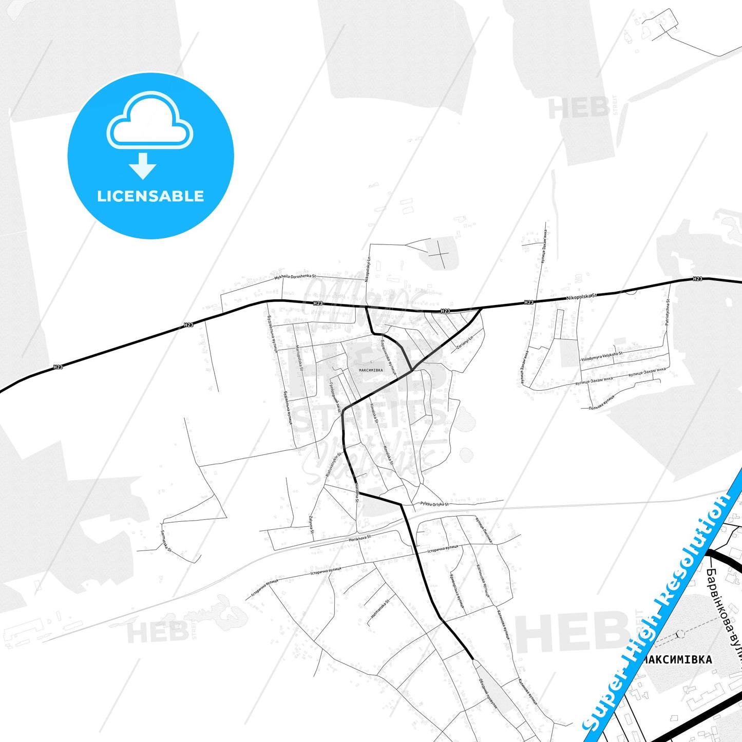 Marhanets, Ukraine Light Map with Street Names, City Names, and Districts