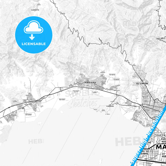 Mariara, Venezuela light map with streetnames, citynames and districts