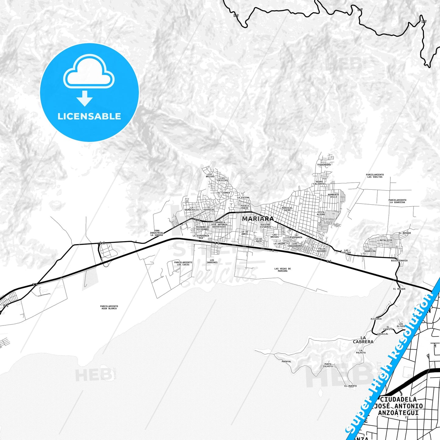Mariara, Venezuela Light Map with Street Names, City Names, and Districts