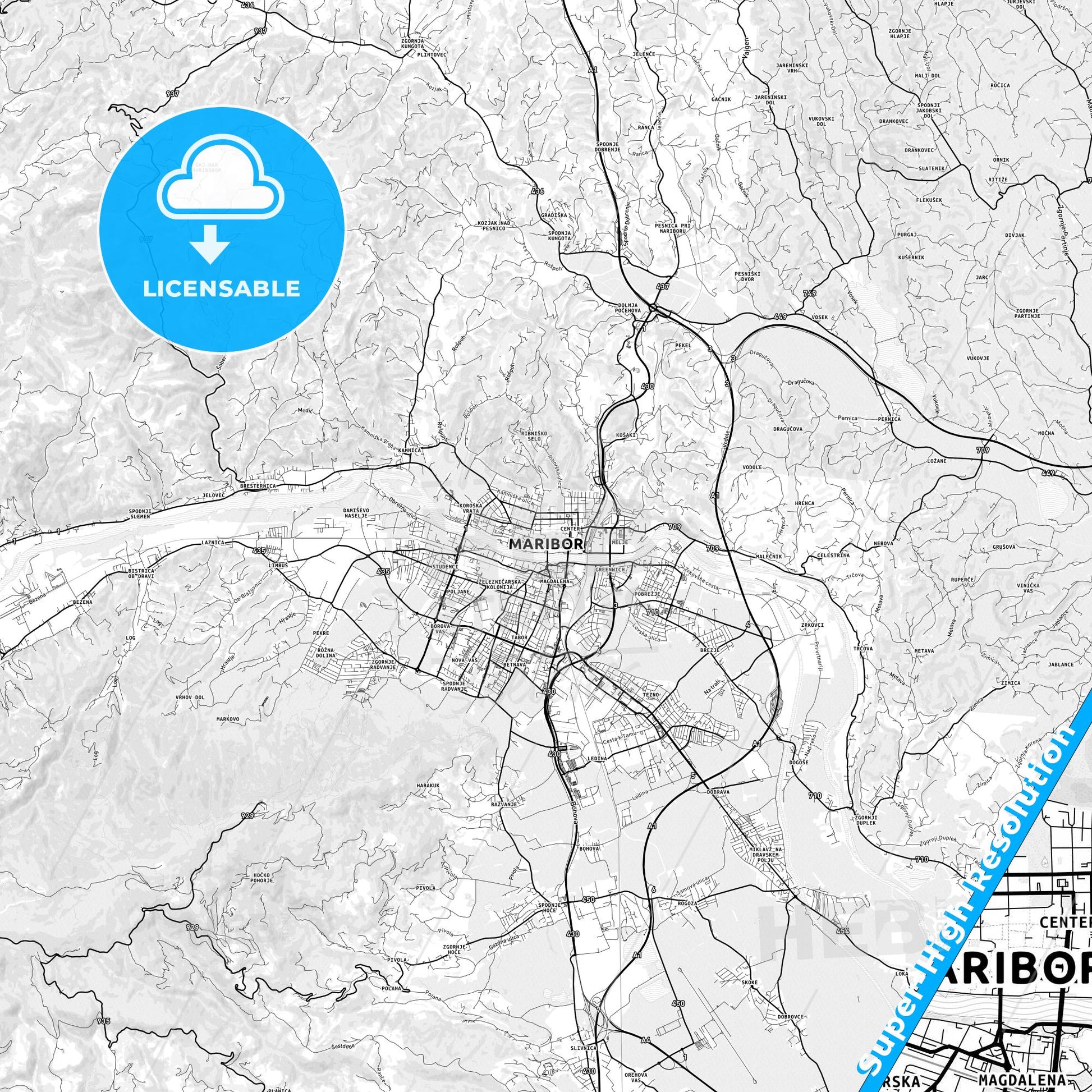 Maribor, Slovenia light map with streetnames, citynames and districts