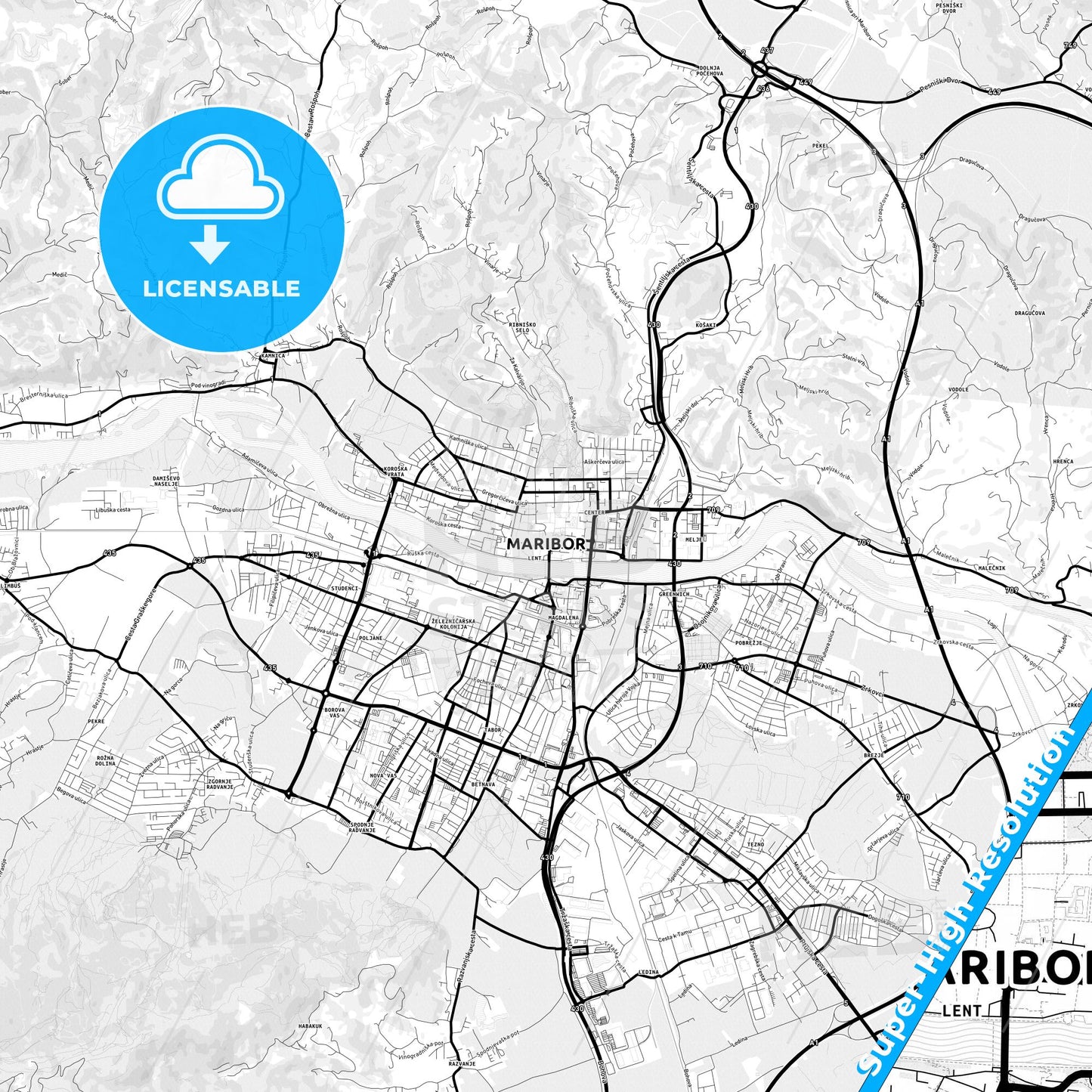 Maribor, Slovenia Light Map with Street Names, City Names, and Districts