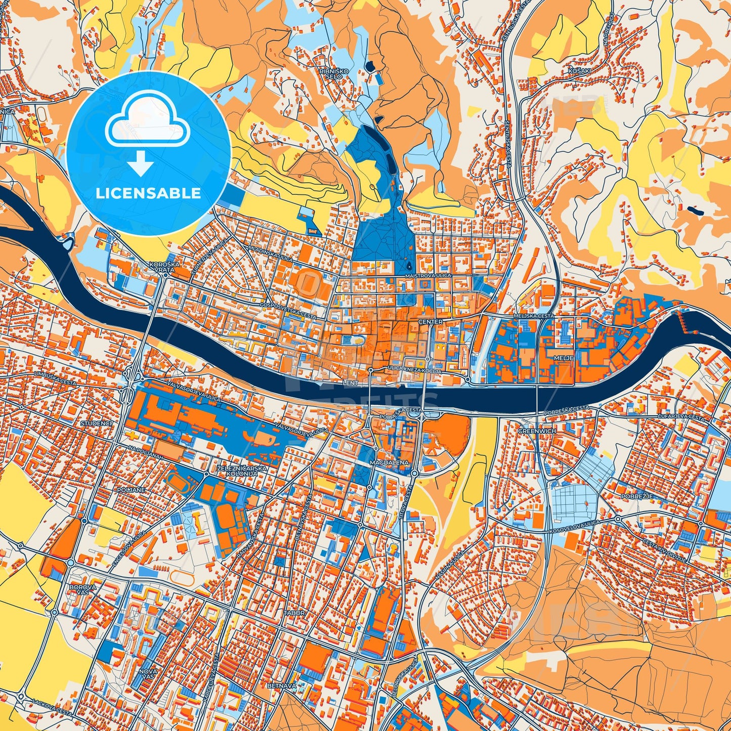 Colorful Maribor Street Map with Labels and Buildings