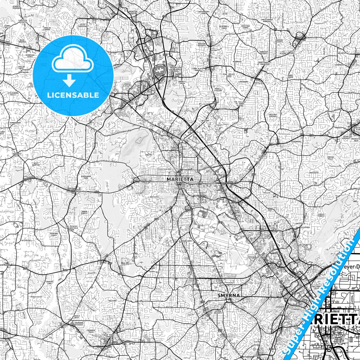 Marietta, Georgia light map with streetnames, citynames and districts