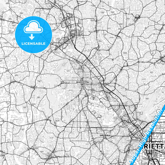 Marietta, Georgia light map with streetnames, citynames and districts