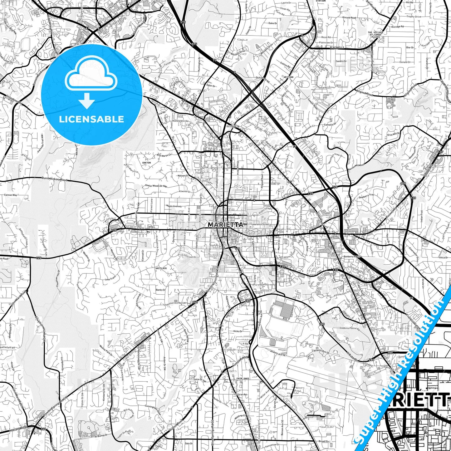 Marietta, Georgia Light Map with Street Names, City Names, and Districts