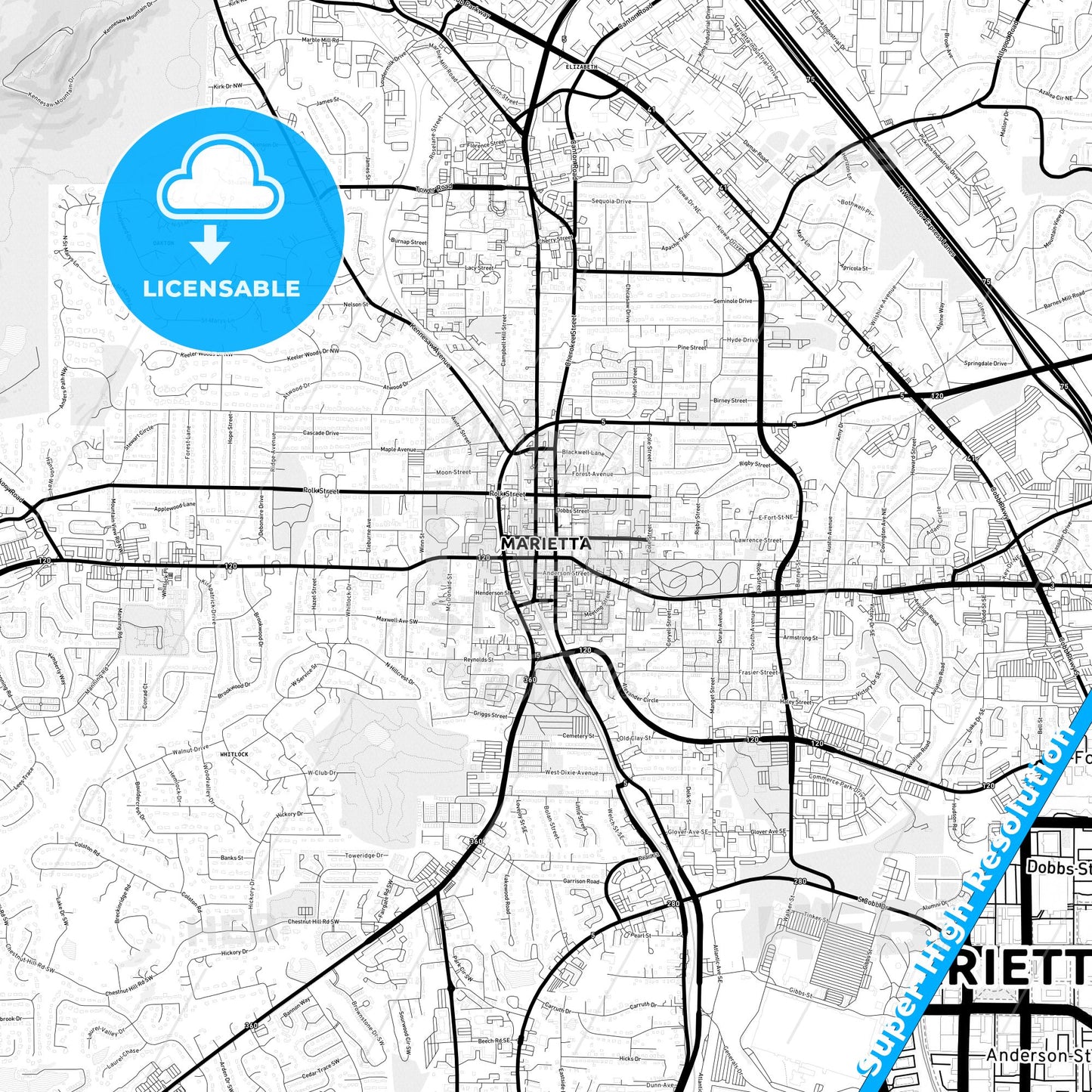 Marietta, Georgia Light Map with Street Names, City Names, and Districts