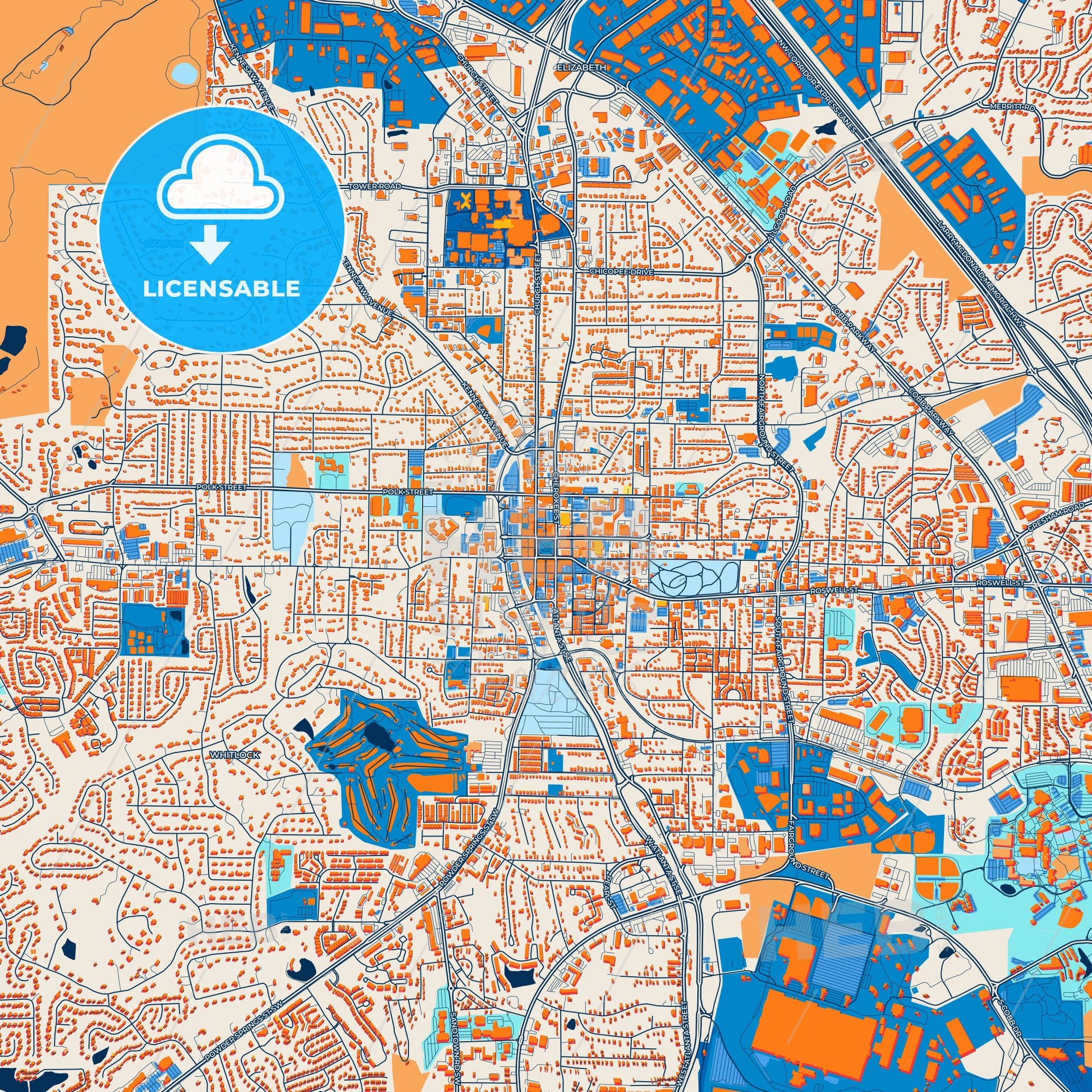 Colorful Marietta Street Map with Labels and Buildings