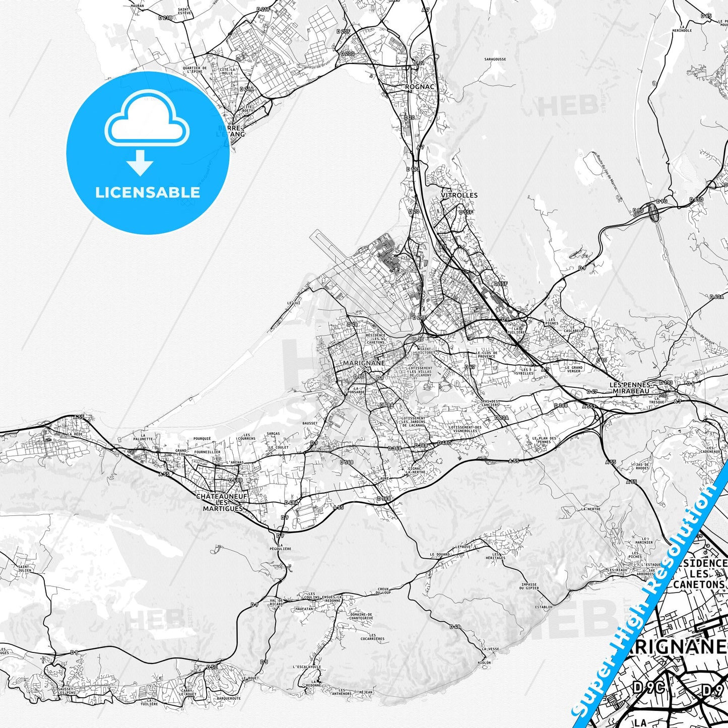 Marignane, France light map with streetnames, citynames and districts