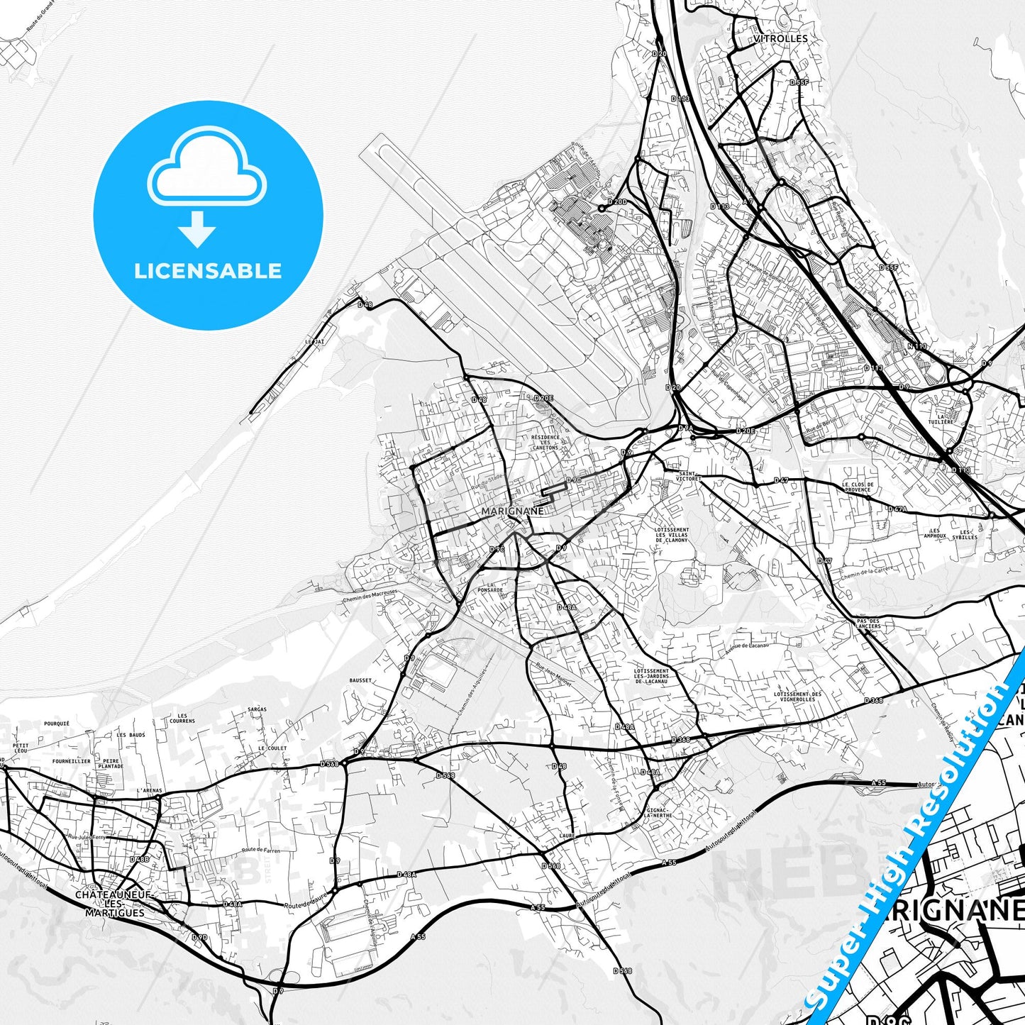 Marignane, France Light Map with Street Names, City Names, and Districts