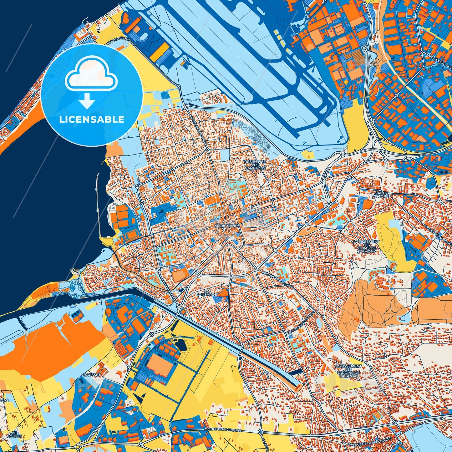 Colorful Marignane Street Map with Labels and Buildings