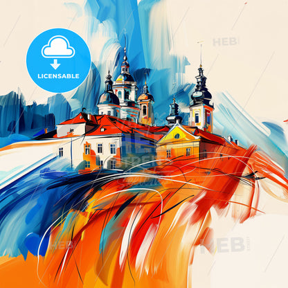 Vibrant Marijampolė, Lithuania - A Painting Of A Building With Towers And A Colorful Background