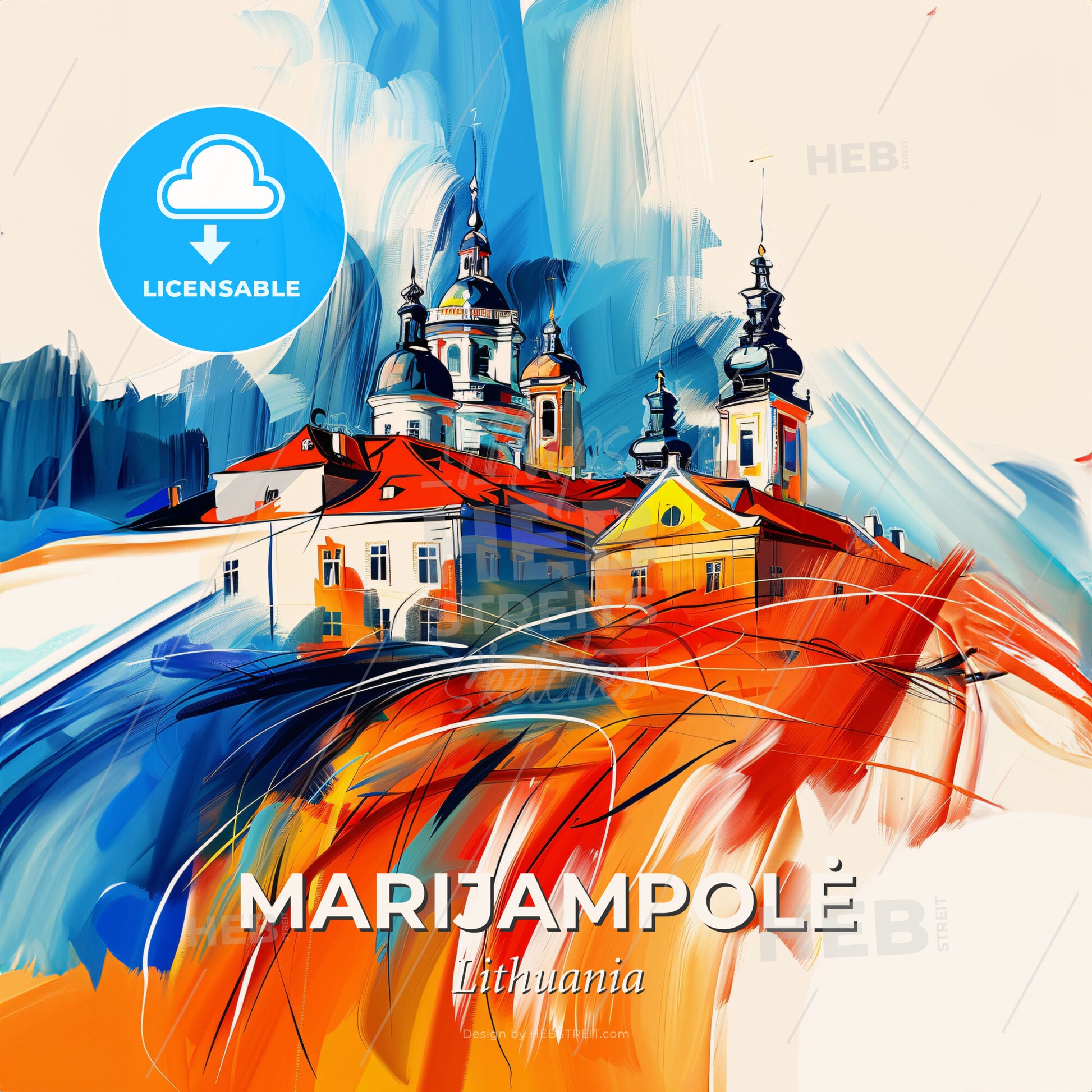Vibrant Marijampolė, Lithuania - A Painting Of A Building With Towers And A Colorful Background - Square format print template