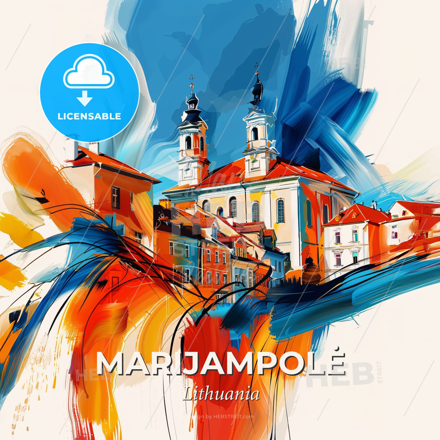 Vibrant Marijampolė, Lithuania - A Painting Of A Building With Red Roofs - Square format print template