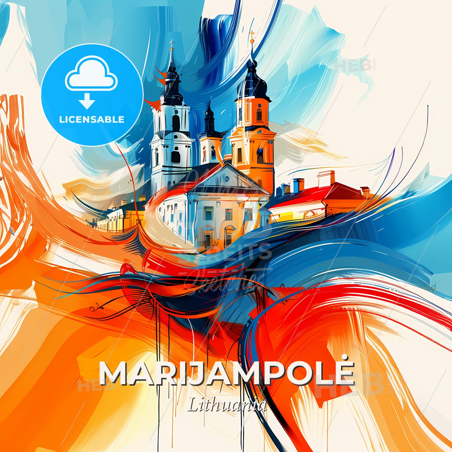 Vibrant Marijampolė, Lithuania - A Painting Of A Building With Towers And A Red And Blue Swirl - Square format print template