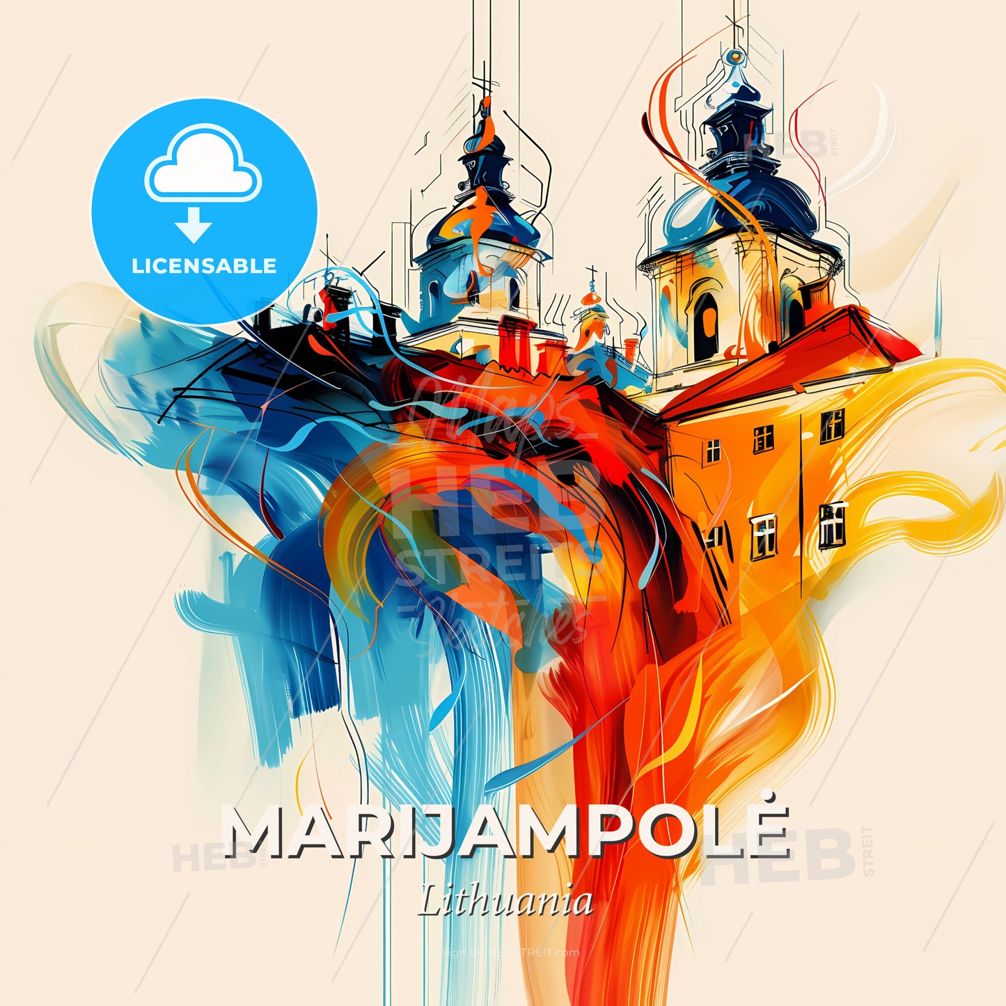 Vibrant Marijampolė, Lithuania - A Colorful Building With Towers And Spires - Square format print template