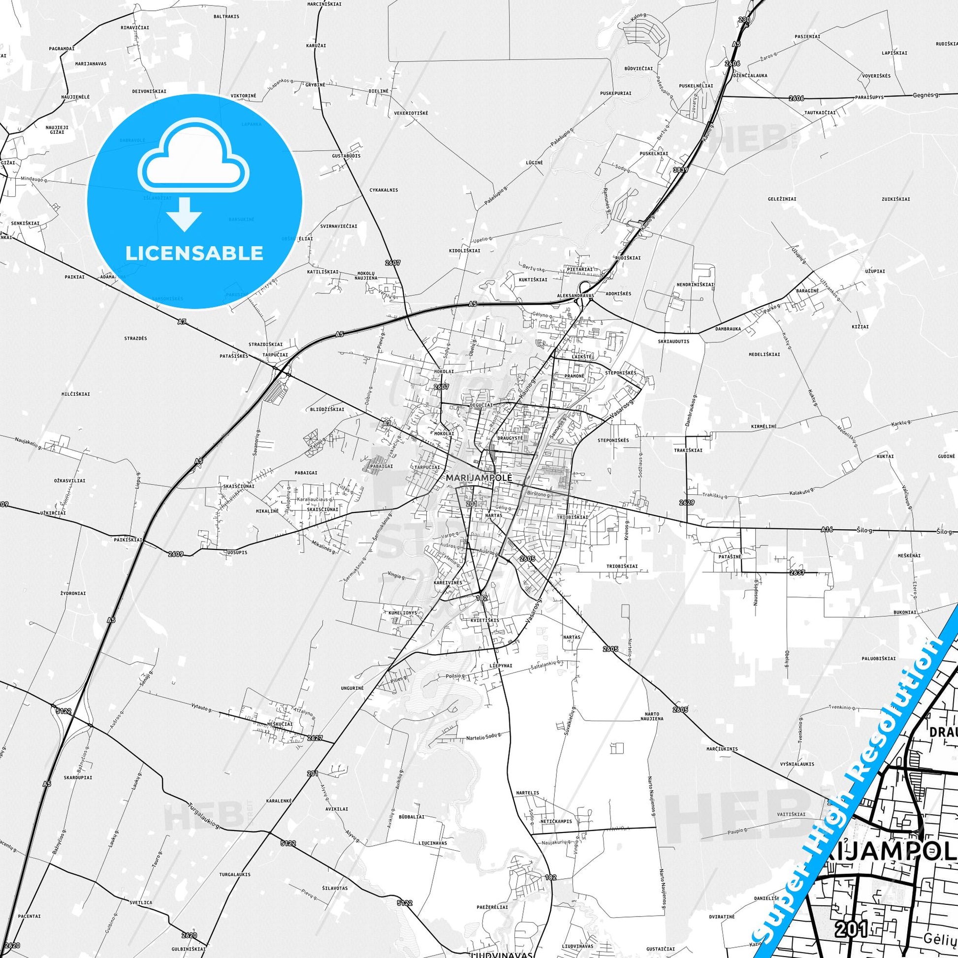 Marijampolė, Lithuania light map with streetnames, citynames and districts
