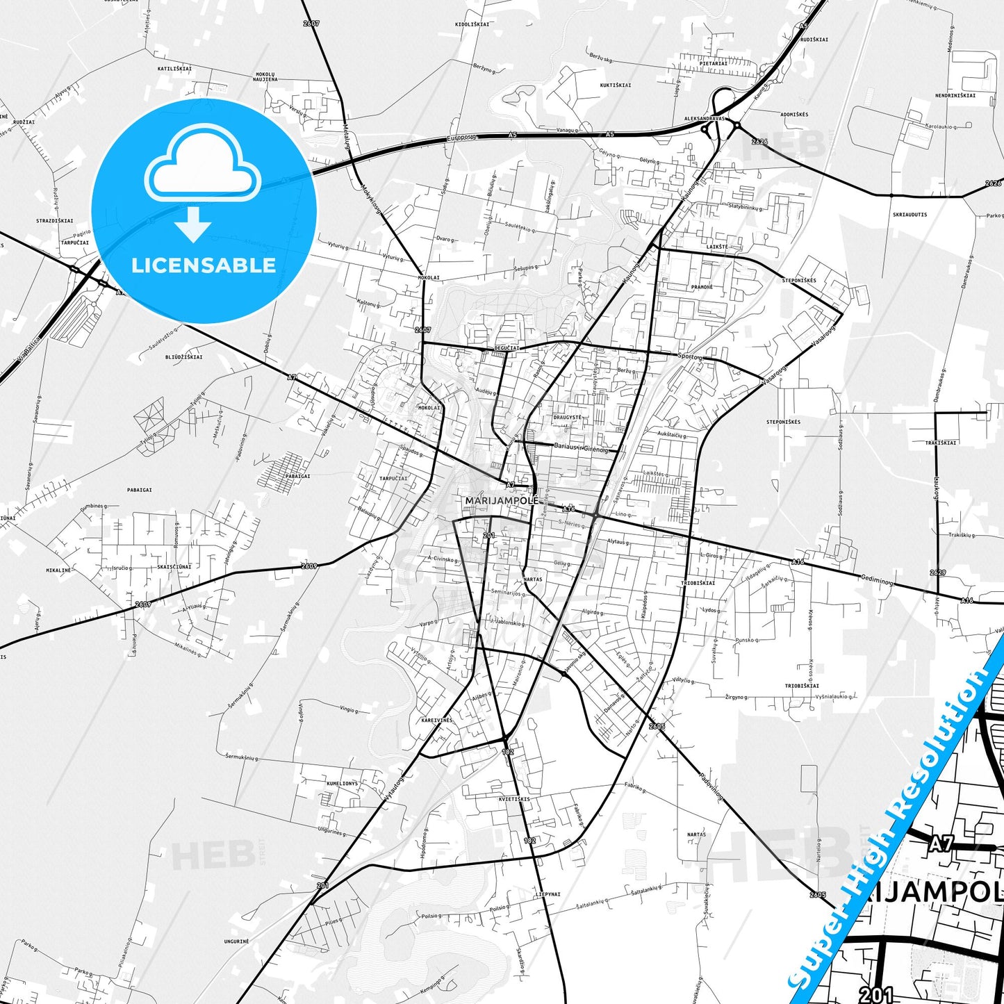 Marijampolė, Lithuania Light Map with Street Names, City Names, and Districts