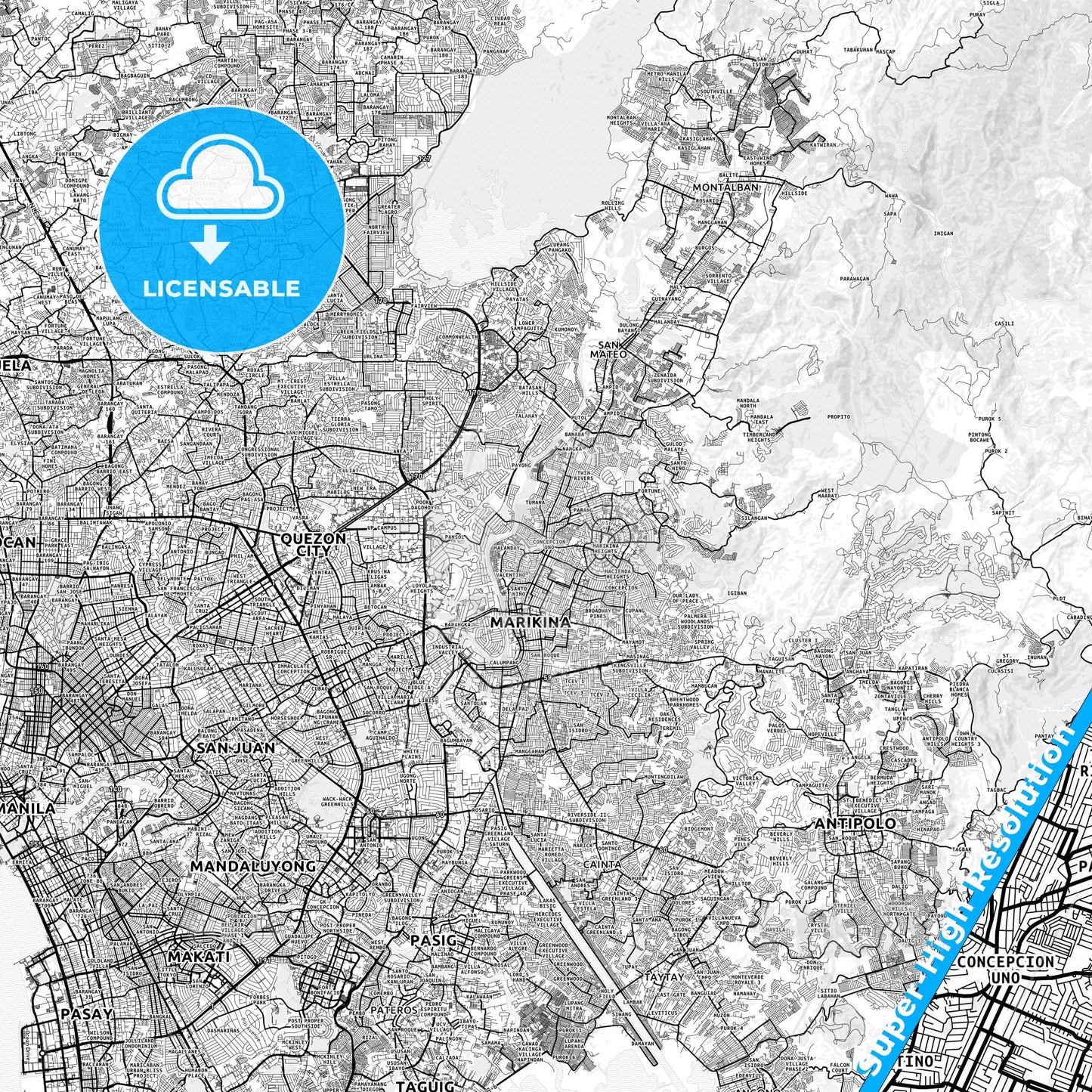 Marikina, Philippines light map with streetnames, citynames and districts