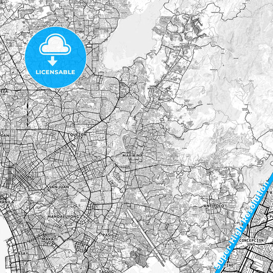Marikina, Philippines light map with streetnames, citynames and districts