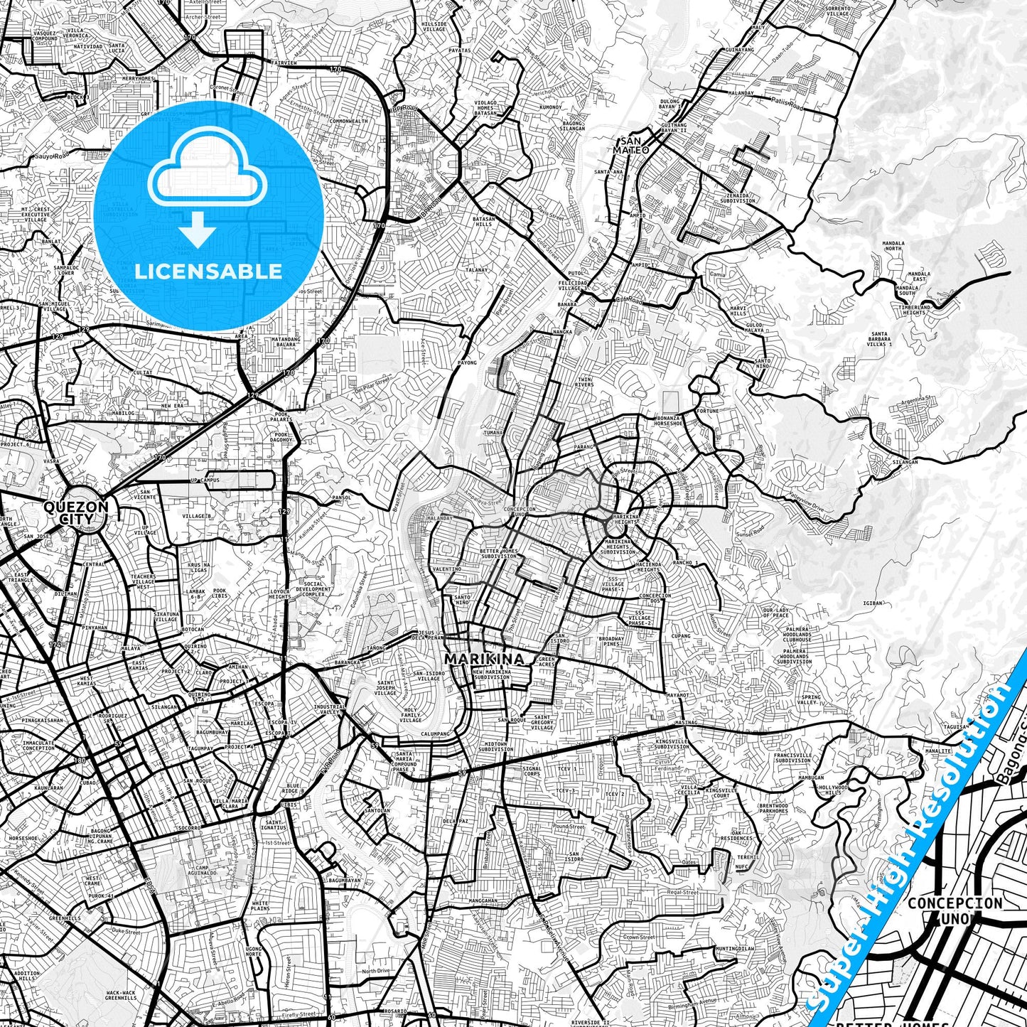 Marikina, Philippines Light Map with Street Names, City Names, and Districts