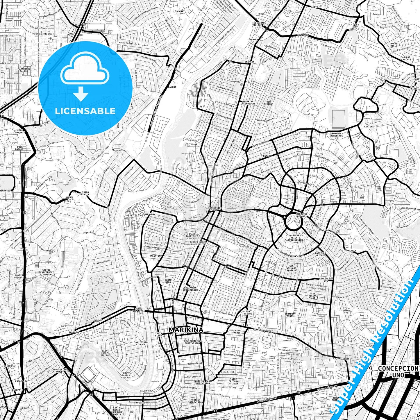 Marikina, Philippines Light Map with Street Names, City Names, and Districts