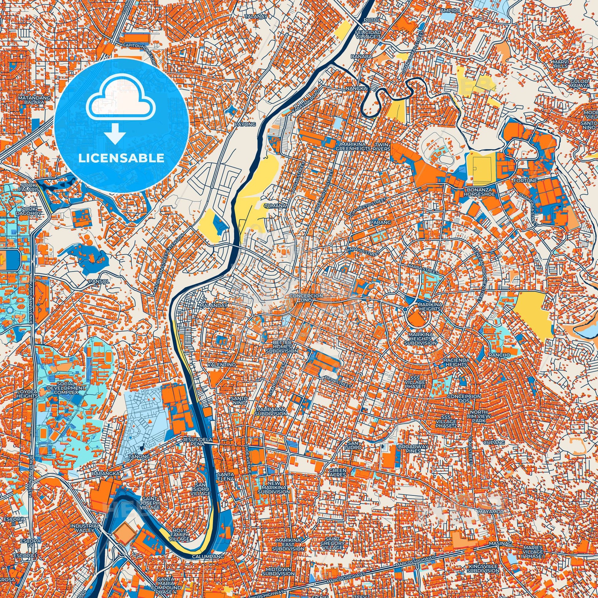 Colorful Marikina Street Map with Labels and Buildings