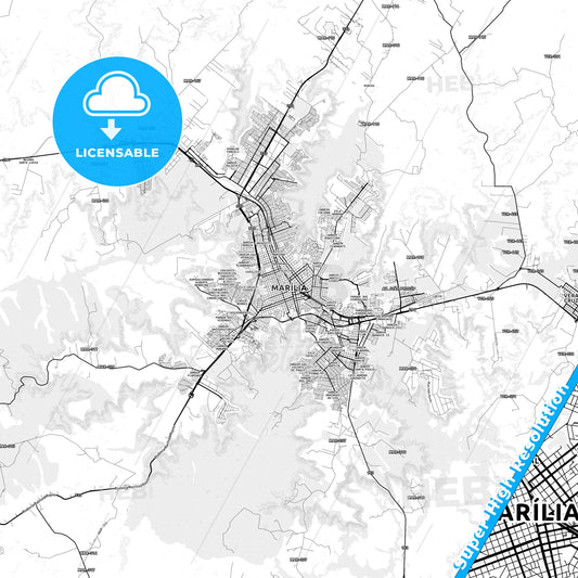 Marilia, Brazil light map with streetnames, citynames and districts