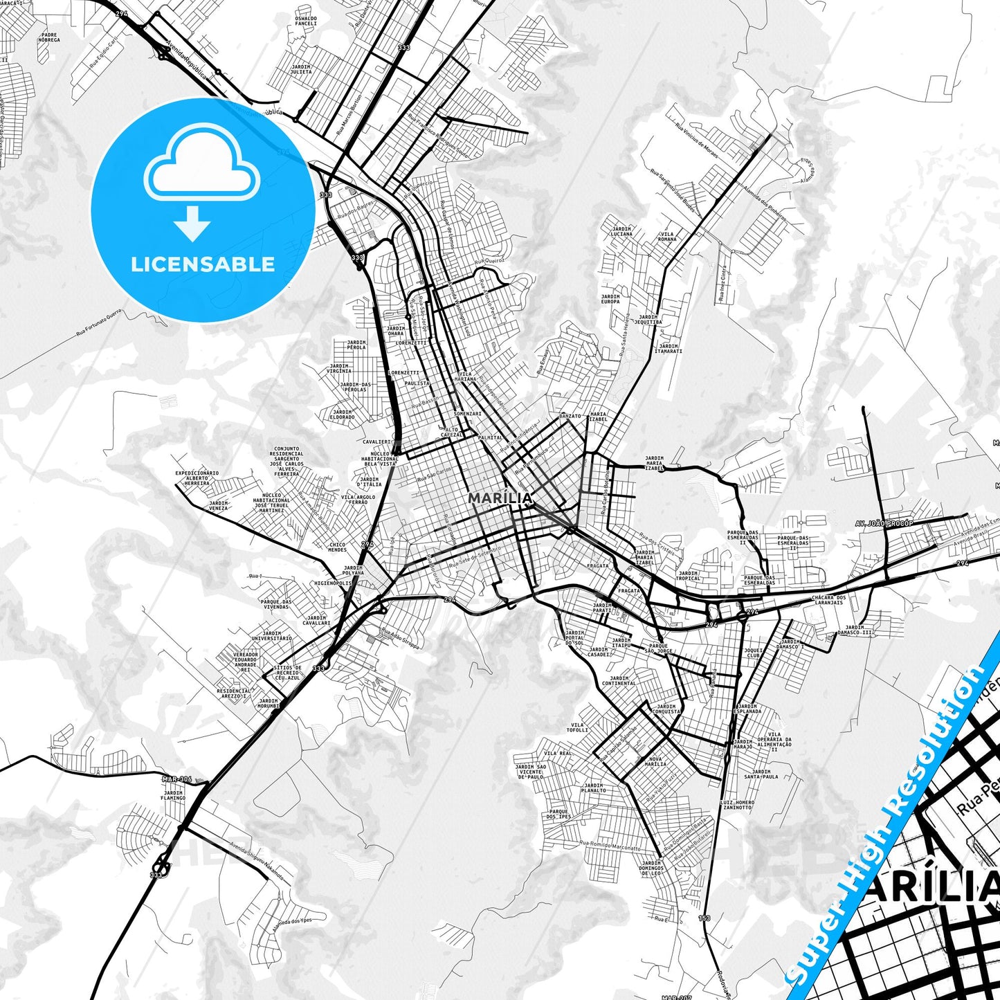 Marilia, Brazil Light Map with Street Names, City Names, and Districts