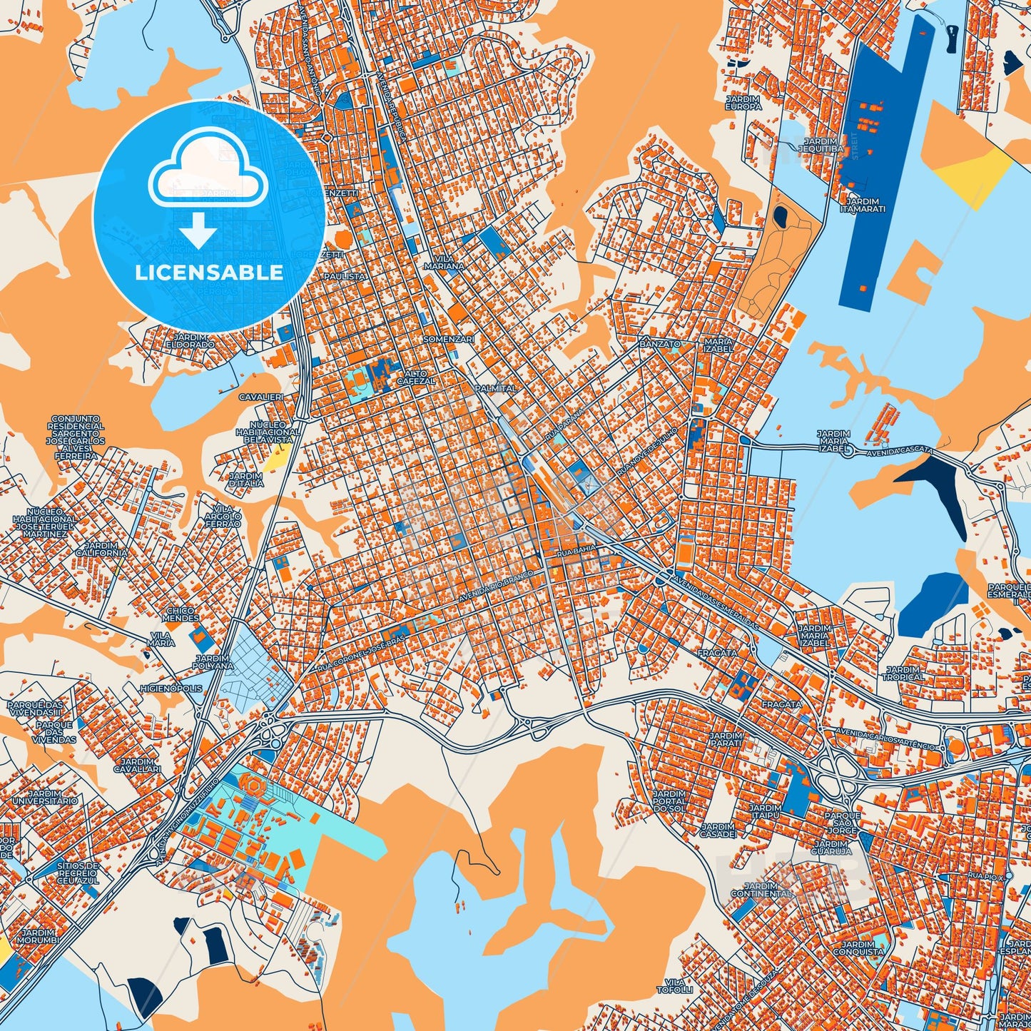 Colorful Marilia Street Map with Labels and Buildings